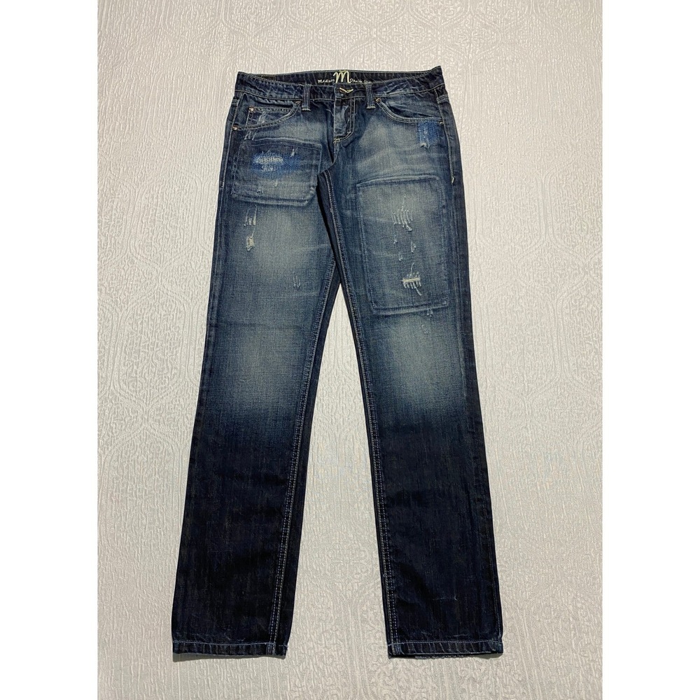 Madison Denim Co Womens Jeans 6 Blue Distressed‎ Patchwork Whiskers Straight